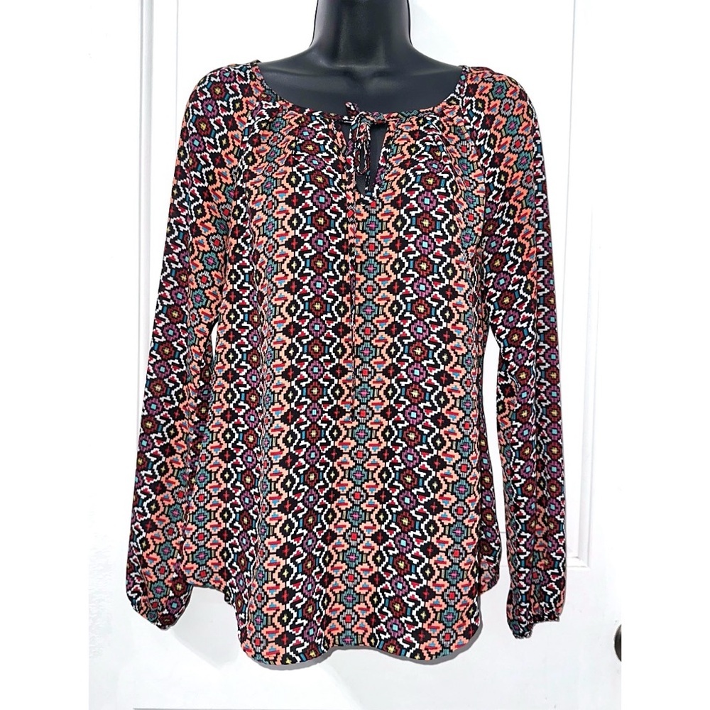 Stoosh long-sleeve peasant blouse with a multicolored geometric print
